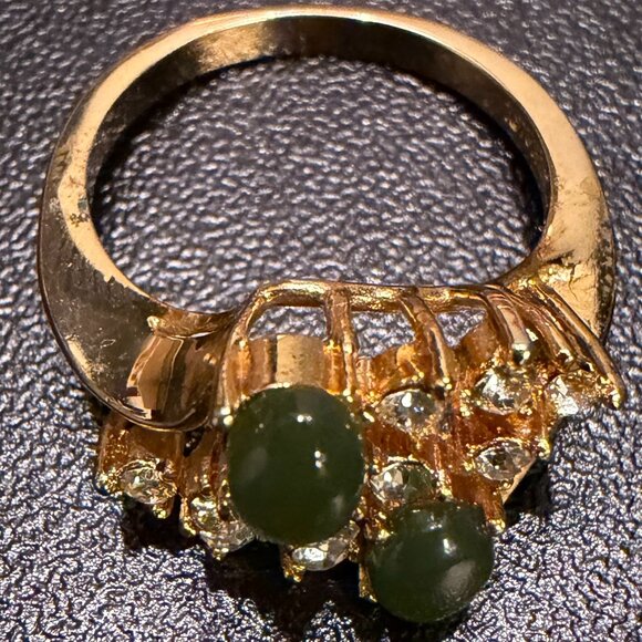 Vintage 18K Electroplated Ring • Genuine Jade & Austrian Crystals • Cocktail Sty - Picture 2 of 6